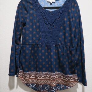 Suzanne Betro Navy and Brown Patterned Blouse